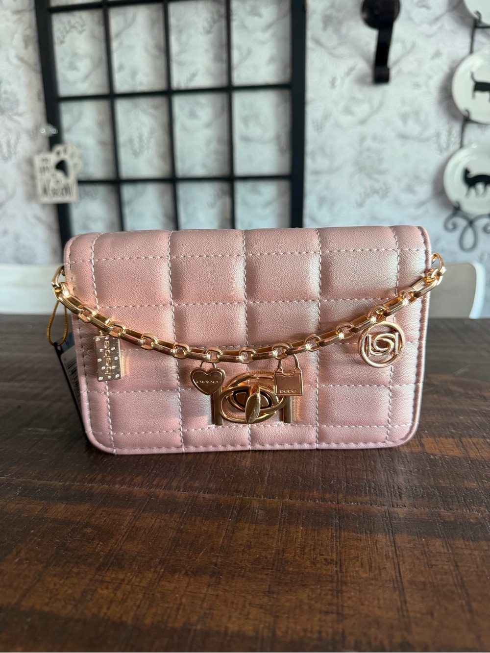 bebe Quilted Mini Shoulder Bag in Iridescent Mauve with Gold Chain